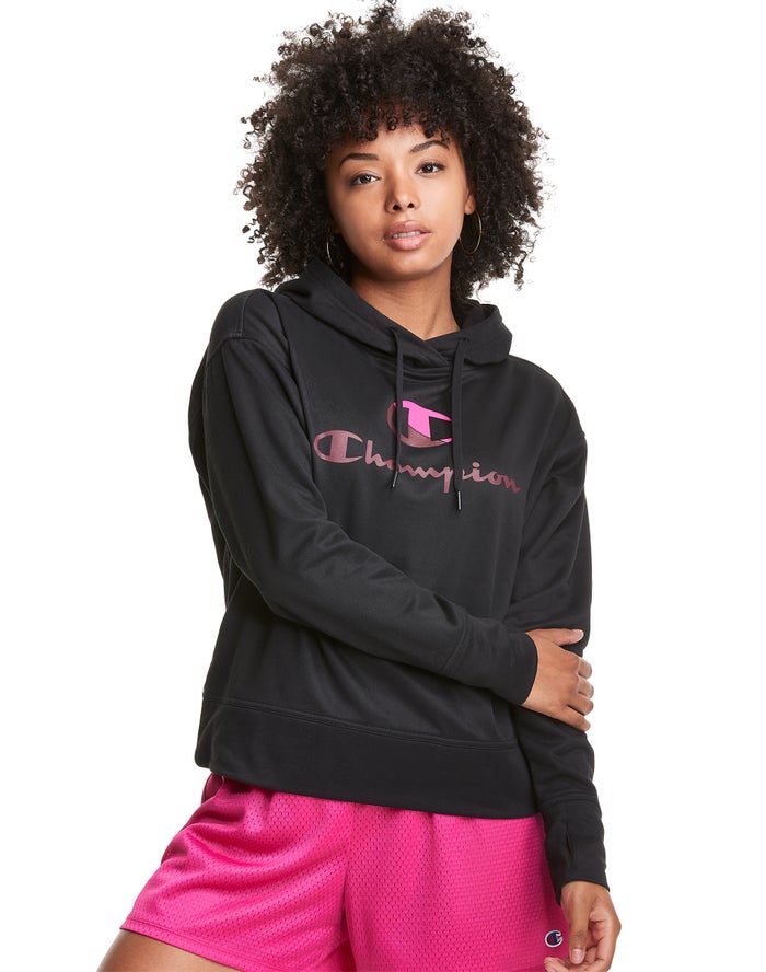 Champion Womens Hoodie NZ - Game Day Split Logo Black ( 8179-ZMUJA )